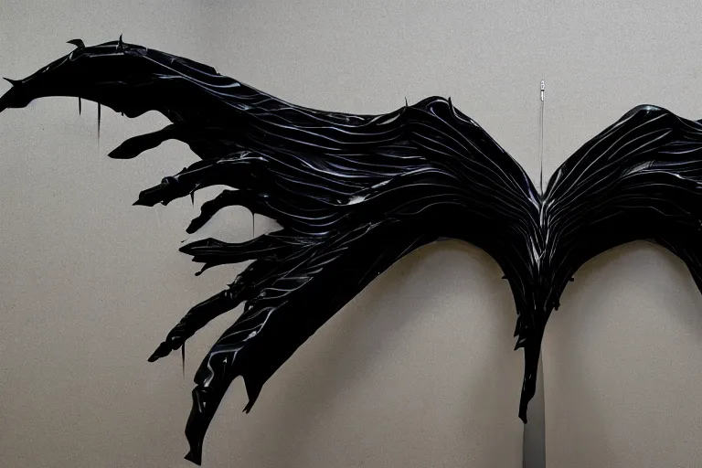 Prompt: ASYMMETRICAL irregular brutalist black-metal winged sculpture made of glossy black liquid latex and industrial hardware, sharp irregular spiraling wings, long sharp jagged spidery edges, designed by nancy grossman, anish kapoor, herman nitsch, 8k, hyperrealistic, hyper-detailed, highly textured, gloss finish, dark volumetric lighting