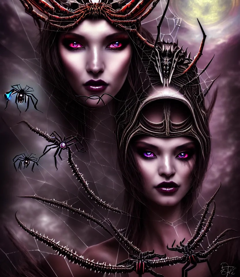 Image similar to close up portrait on the enchanting femenine queen of the zerg, hyper attractive, seductive, very complex, hyper-maximalist, overdetailed, legendary cinematic, darkfantasy, archetype with timeless beauty breathtaking eyes, her spider like legs spread evenly around her framing the image, collossal alien ship in the sky behind her, highly intricate, digital art, very elegant, HDR 8K, biblical art, realism, incomprehensible yet perspicious detail, unbeatable quality, silent hill aesthetic, photorealistic, lifelike, DSLR 8k, unbeatable coherency, Omnious intricate, octane render, created Nixeu & z--ed from deviantart