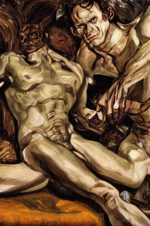 Prompt: Beast ,fully clothed, from the X-Men oil painting by Lucian Freud