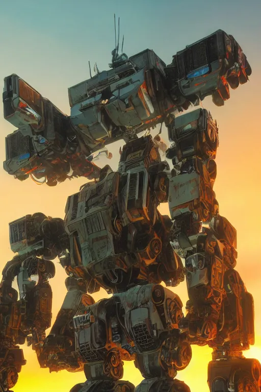 Image similar to A real photo of a Mechwarrior in battle stance, a sunset in the distance, by Josan Gonzalez, Yoji Shinkawa and Geof Darrow, highly detailed, Unreal Engine Render, lots of neon lights on the robot, 3D, 8k wallpaper, uplight