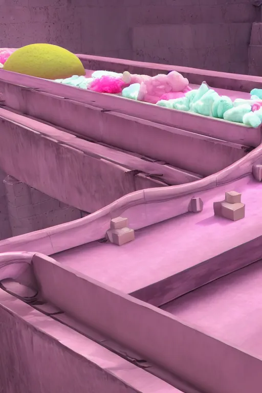 Prompt: conveyor belt transporting pink diapers, fantasy, magic, 4 k, ultra realistic, photorealism, detailed