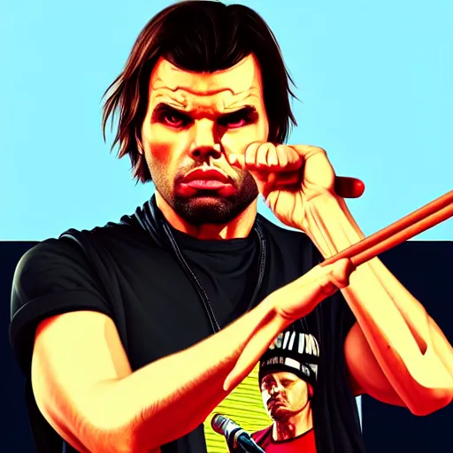 Prompt: orelsan in gta v covert art painted by stephen bliss, centered, uncropped