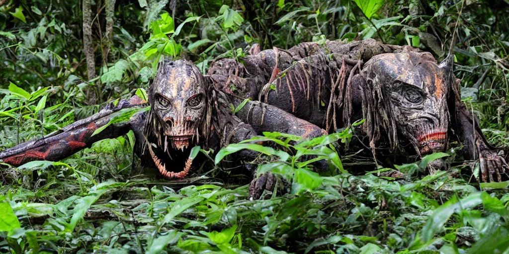 Image similar to yautja predator in sri lankan jungle, next to a river, extremely high fidelity