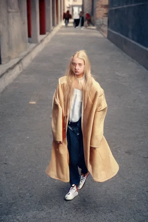 Image similar to high quality realistic street photo of girl, blond hair, clothes in the style of 1 9 9 0, sneakers, lowered socks, loose coat ; kodak ektar, 2 0 0 iso, 3 5 mm lens, bill henson style beautiful chiaroscuro lighting, beautiful colour palette, beautiful and realistic, wide shot