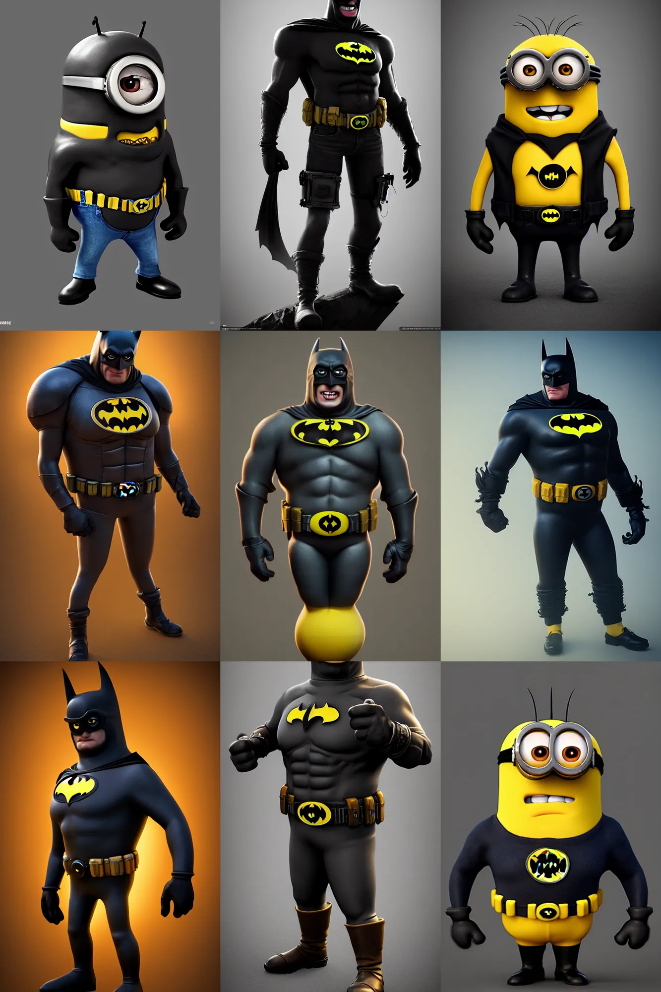 Prompt: minion batman, full body, hyperrealistic render, cinematic lighting, ultra detailed, UHD, artstation, cgsociety