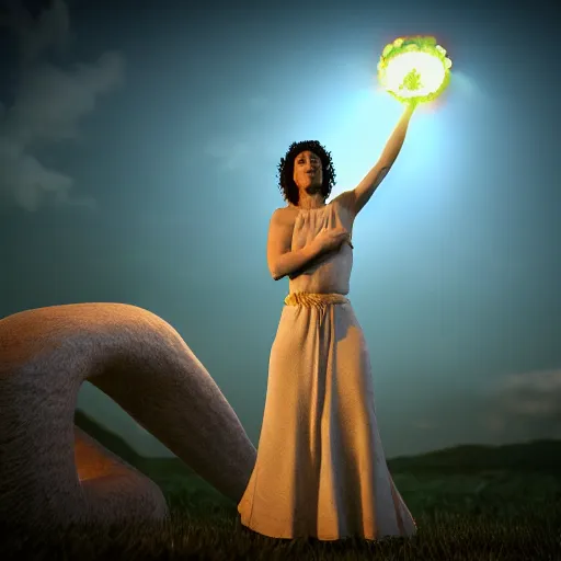 Prompt: earth goddess performing a ritual. photorealistic, cinematic, filmic, volumetric lighting