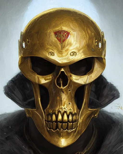 Image similar to three quarter view of a knights helmet gold skull face mask by donato giancola and greg rutkowski, vintage retro scifi, realistic face, digital art, trending on artstation