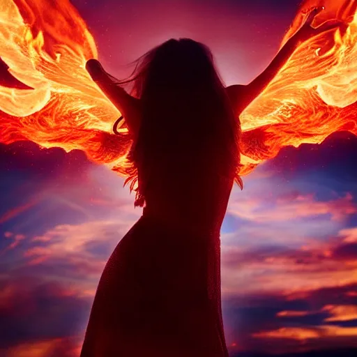 Prompt: realistic cinematic photo of phoenix girl in flames flying in the sky