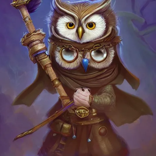 Image similar to cute little anthropomorphic Owl, wielding a magic staff, tiny, small, short, Wizard robe, cute and adorable, pretty, beautiful, DnD character art portrait, matte fantasy painting, DeviantArt Artstation, by Jason Felix by Steve Argyle by Tyler Jacobson by Peter Mohrbacher, cinema