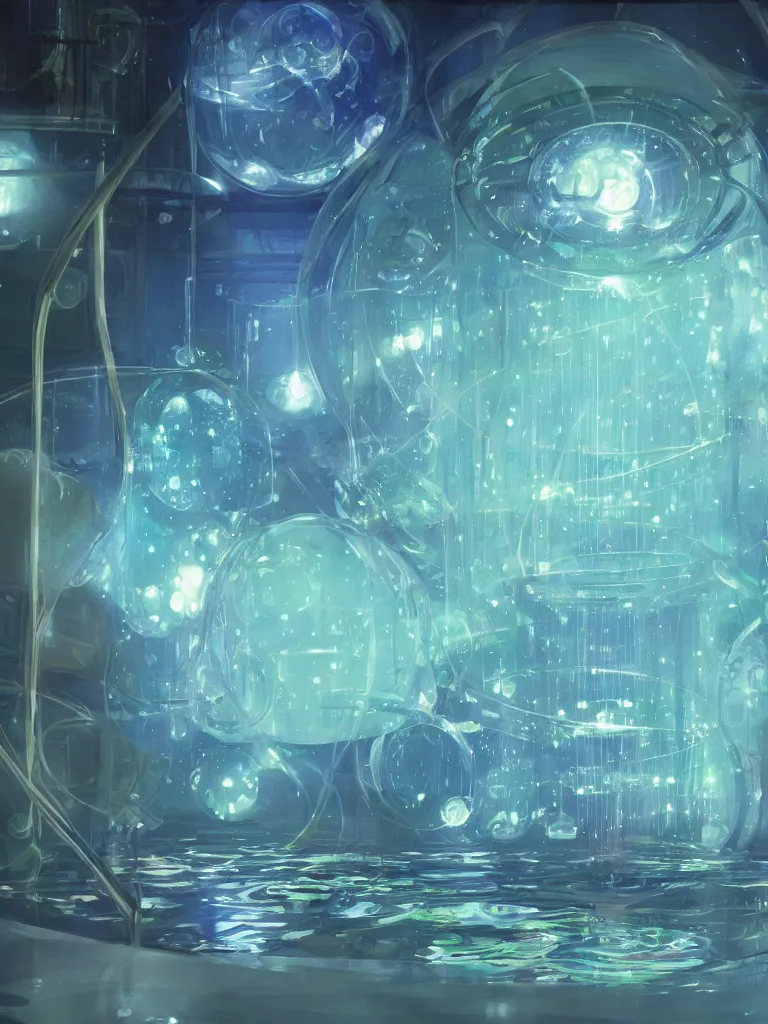 Prompt: neon orbs in a glass tank of water by disney concept artists, blunt borders, rule of thirds