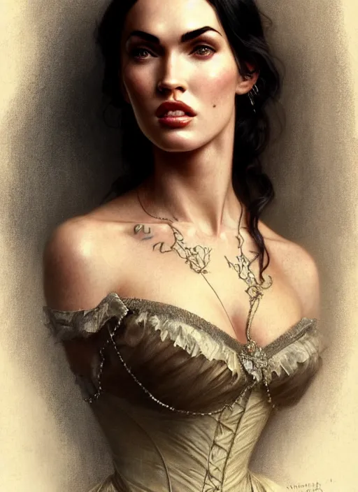 Prompt: portrait of megan fox in victorian dress, 1 8 9 0, intricate, headshot, highly detailed, digital painting, artstation, concept art, sharp focus, cinematic lighting, illustration, art by artgerm and greg rutkowski, alphonse mucha, cgsociety