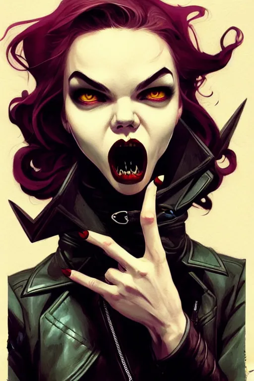 Image similar to rafael albuquerque comic art, art nouveau, peter mohrbacher, artgerm, pretty anya taylor - joy vampire sharp vampire teeth open mouth, black leather jacket, jeans, long blonde hair, full body