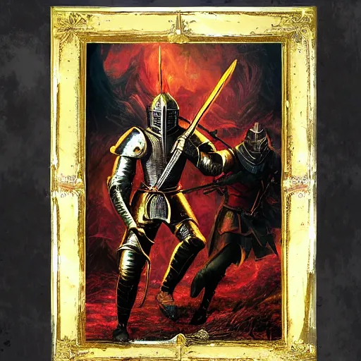 Image similar to holy knight in golden armor with a runnic sword fighting demons in hell, black ground and sky, red sun and rivers of blood