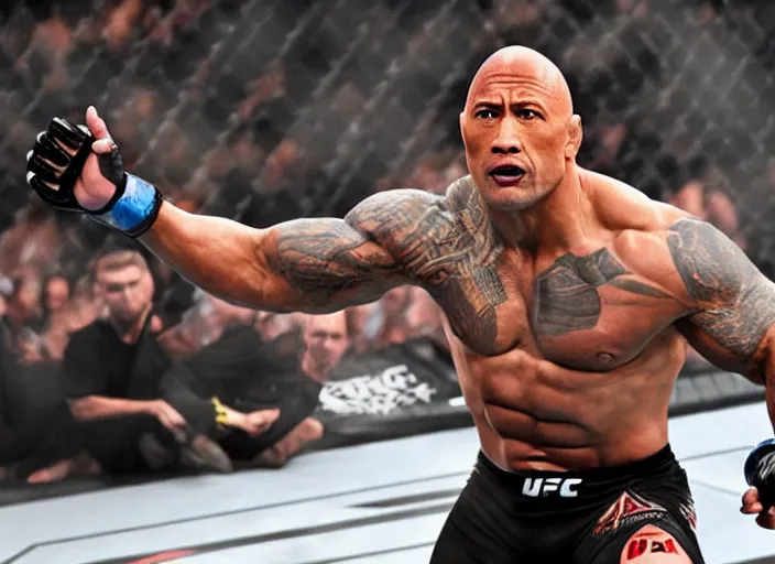 Image similar to dwayne the rock johnson in the ufc, 4 k, photorealistic