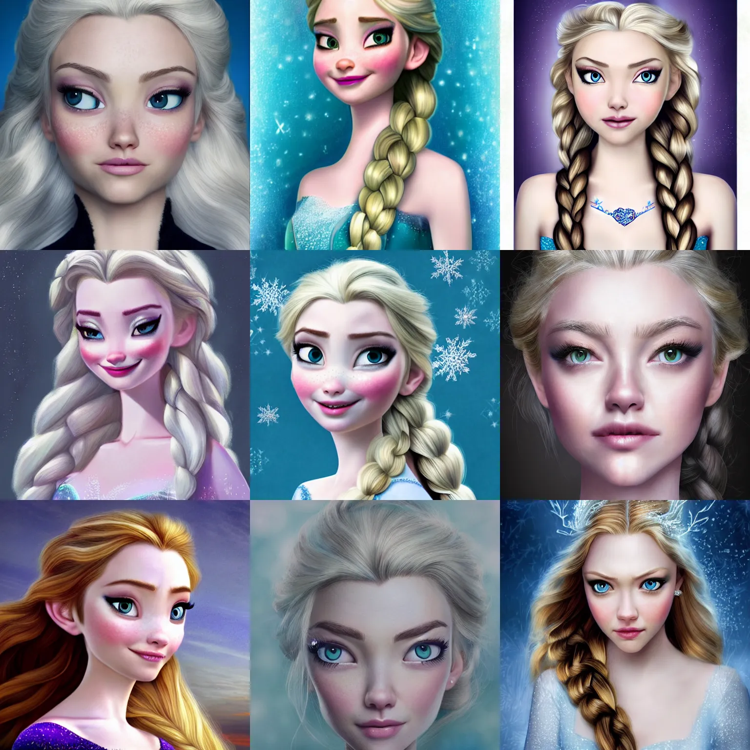 Prompt: prompt portrait of realistic beautiful girl, hybrid of Amanda Seyfried and elsa in frozen movie