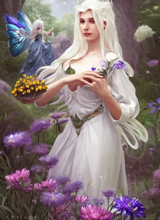 Prompt: a beautiful white haired woman as a fairy princess in a garden holding a bunch of wild flowers, deep focus, d & d, fantasy, intricate, elegant, highly detailed, digital painting, artstation, concept art, matte, sharp focus, illustration, hearthstone, art by artgerm and greg rutkowski and alphonse mucha