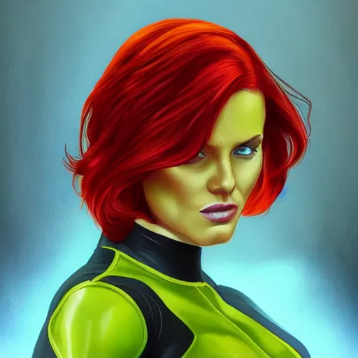 Image similar to jean grey, a full body portrait of jean grey, green eyes, red hair, phoenix rising, flames, flying, comic, x - men, highly detailed, artstation, symetry, digital painting, vivid colors, realistic shaded perfect face, soft lighting, atmospheric, sharp focus, moody, in the style of alex ross, 8 k