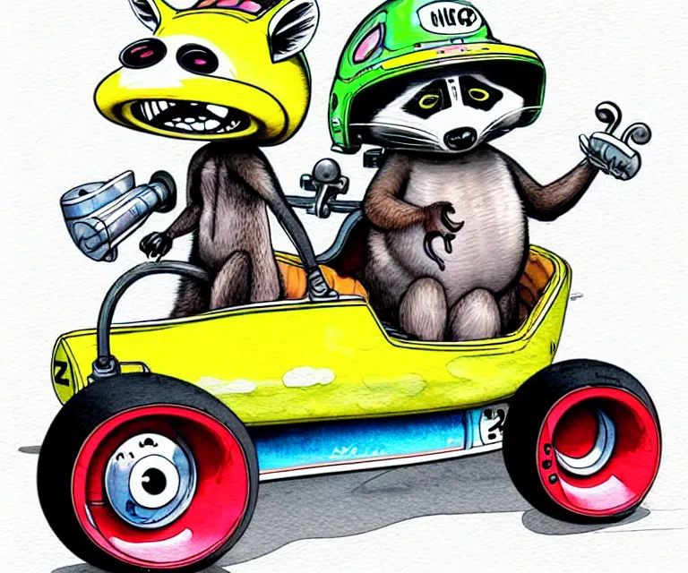 Image similar to cute and funny, racoon wearing a helmet riding in a tiny top fuel dragster funny car, ratfink style by ed roth, centered award winning watercolor pen illustration, isometric illustration by chihiro iwasaki, edited by range murata