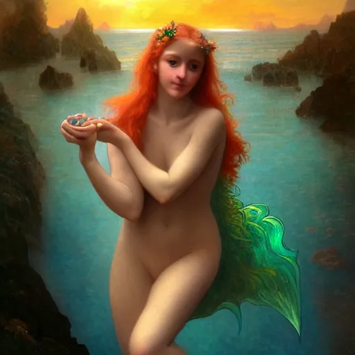 Image similar to a beautiful stunning interesting detailed fantasy whimsical matte digital portrait illustration of a mermaid with blue-green hair, yellow-orange and red-violet spectacular sunset, in the style of William Adolphe-Bouguereau and Marc Simonetti, magic the gathering, trending on artstation hq, contest winner