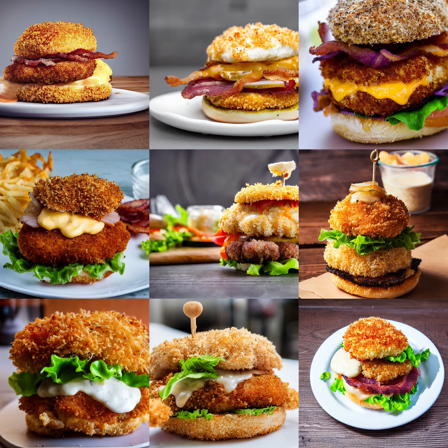 Prompt: chicken breaded in panko on a burger with crispy bacon, cheddar, caramelized onion and tartar sauce, sharp teeth, long tongue, photography, realistic, highly detailed, 8 k hd
