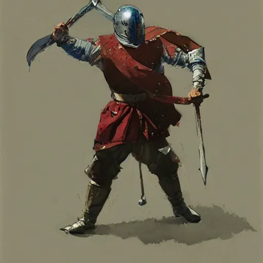 Image similar to man wearing gambeson and bascinet helmet, swinging sword, fighting, detailed by greg manchess, craig mullins, bernie fuchs, walter everett