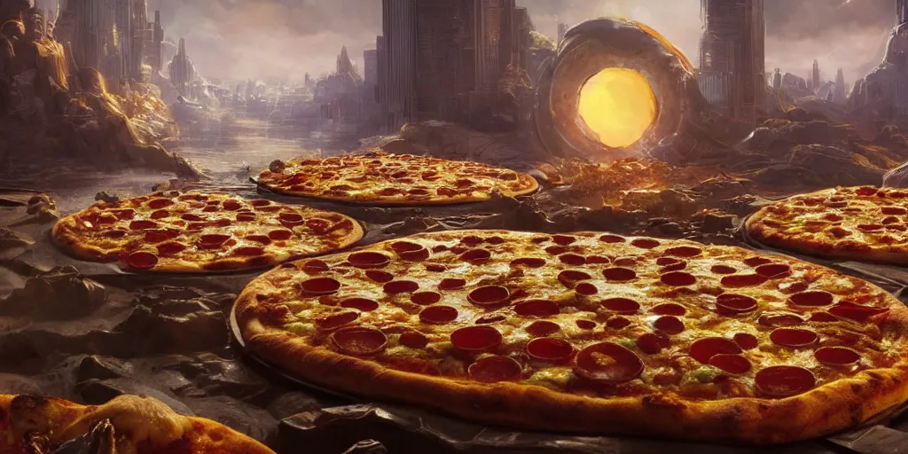 Prompt: planet made of pizza, melted cheese waterfalls, Greg Rutkowski, 3d scene, trending on Artstation, 8K, ultra wide angle, pincushion lens effect.