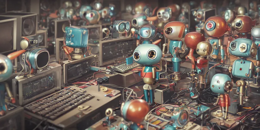 Image similar to closeup portrait of tin toy retro robots team programming in a computer lab, depth of field, zeiss lens, detailed, centered, fashion photoshoot, by nicoletta ceccoli, mark ryden, lostfish, breathtaking, 8 k resolution, extremely detailed, beautiful, establishing shot, artistic, hyperrealistic, octane render