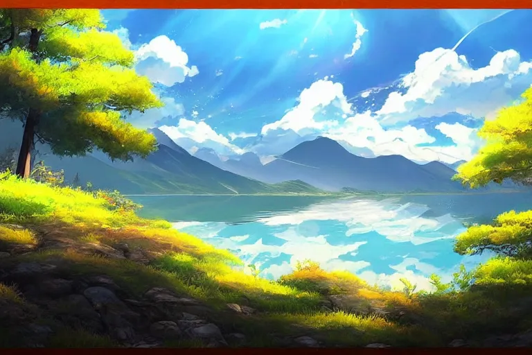 Image similar to Anime painting of a lake and mountain landscape, relaxed, calm, atmospheric, peacefull, trending on artstation, kimi no na wa