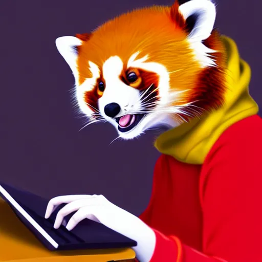 Image similar to beautiful portrait commission of a female furry anthro red panda wearing a yellow hoodie while typing on a laptop, trending on artstation