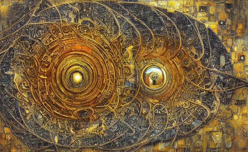 Image similar to Brutalist architecture building, Divine Chaos Engine by Karol Bak, Jean Deville, Gustav Klimt, and Vincent Van Gogh, sacred geometry, visionary, mystic, spiritual, fractal structures, ornate gilded medieval icon, third eye, spirals