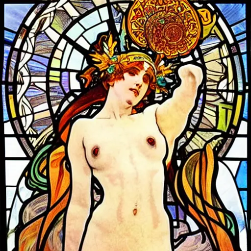 Prompt: burning man, goddess of relief, toilet paper, portapotty, intricate, stained glass by alphonse mucha