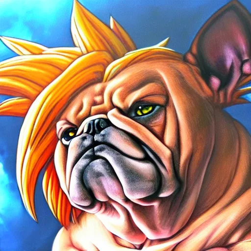 Prompt: ultra realistic portrait painting of a bulldog as super saiyan goku, art by akira toriyama, 4 k, dragon ball artstyle, cel shaded, highly detailed, epic lighting