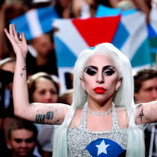 Image similar to Lady Gaga as Evita, Argentina presidential rally, Argentine flags behind, bokeh, epic photo, detailed face, Argentina