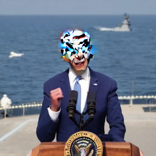 Image similar to Joe Biden on an aircraft carrier giving a speech, HD, 8K photo