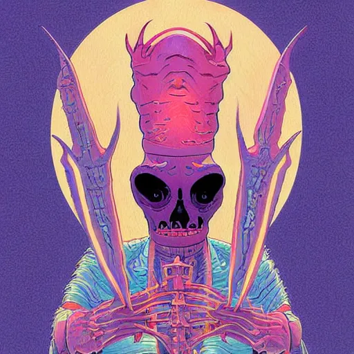 Prompt: original jean giraud digital art painting pastel goth aesthetic, creepy kawaii, highly detailed, black background, tom whalen