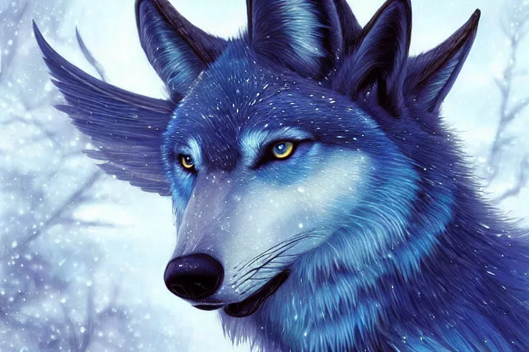 Image similar to blue wolf with wings, facing front, regal, elegant, winter, snow, beautiful, stunning, hd, illustration, epic, d & d, fantasy, intricate, elegant, highly detailed, digital painting, artstation, concept art, smooth, sharp focus, illustration, wallpaper, art by artgerm and greg rutkowski and alphonse mucha and jin xiaodi