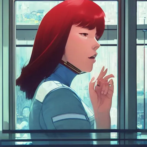 Image similar to A Beautiful young woman wearing a space uniform , sitting by a window || VERY ANIME, fine-face, realistic shaded perfect face, fine details. Anime. realistic shaded lighting poster by Ilya Kuvshinov katsuhiro otomo ghost-in-the-shell, magali villeneuve, artgerm, Jeremy Lipkin and Michael Garmash, Rob Rey and Kentarõ Miura style, trending on art station