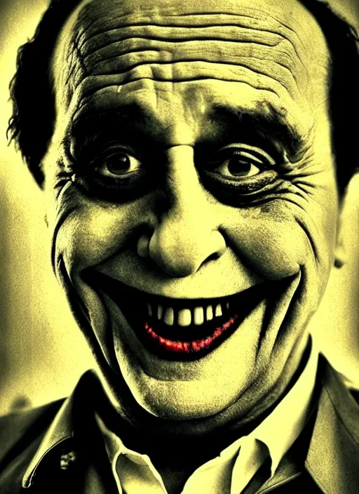 Prompt: photo of Danny Devito as the Joker by Lee Jeffries, head shot, detailed, award winning, Sony a7R