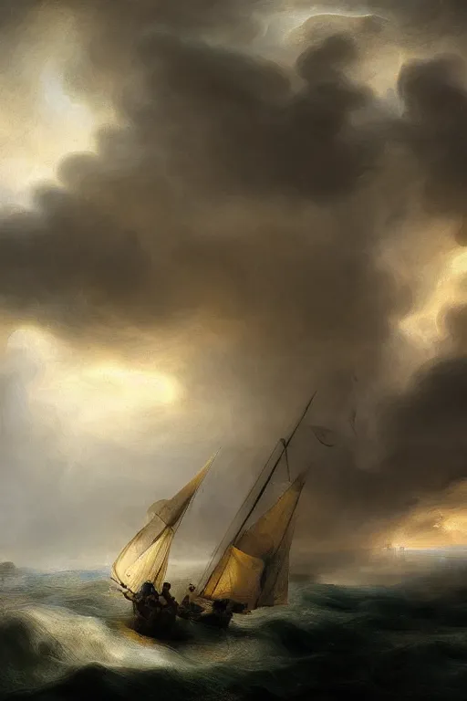 Prompt: the storm on the sea of galilee, oil - on - canvas painting, close - up, elegant, volumetric lighting, scenery, digital painting, highly detailed, artstation, sharp focus, illustration, concept art, by rembrandt van rijn, 4