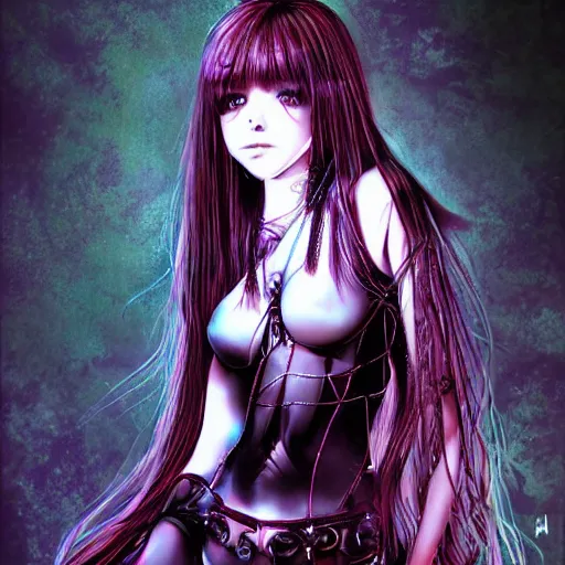 Prompt: half human half raven teen girl by Yoshitaka Amano