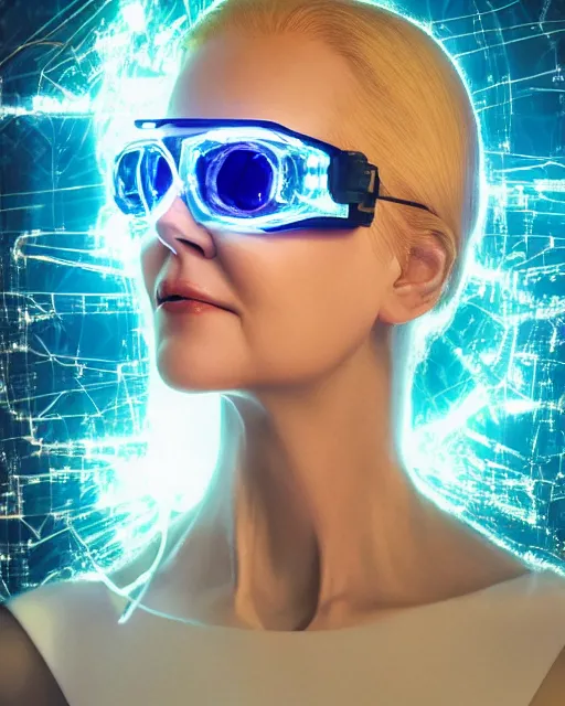 Prompt: centered portrait of soulful young nicole kidman as a solarpunk mecha humanoid robotic parts wearing crystal goggles with bright led lights, real human face, pudica gesture bouguereau style, in white room, ultra - realistic and intricate, soft portrait shot 8 k