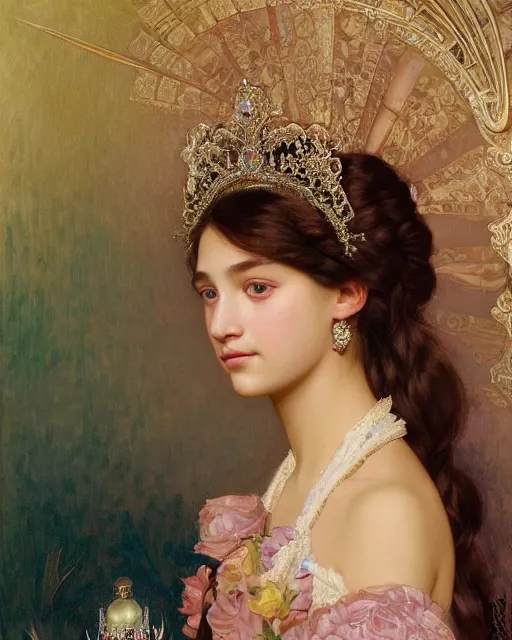 Image similar to a portrait painting of a shy, blushing 1 6 - year old princess resembling alicia vikander in a tiara and an iridescent art nouveau gown watching the lantern festival, intricate, elegant, highly detailed, artstation, concept art, by krenz cushart and artem demura and william adolph bouguereau and alphonse mucha