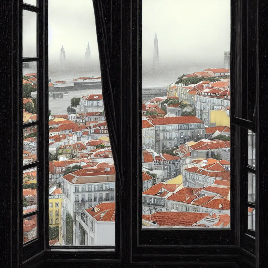 Prompt: The City of Lisbon from the window of a rich girl looking at the heavy rainy storm outside, fantasy, intricate, elegant, dramatic lighting, emotionally evoking symbolic metaphor, highly detailed, lifelike, photorealistic, digital painting, artstation, concept art, smooth, sharp focus, illustration, art by John Collier and Albert Aublet and Krenz Cushart and Artem Demura and Alphonse Mucha