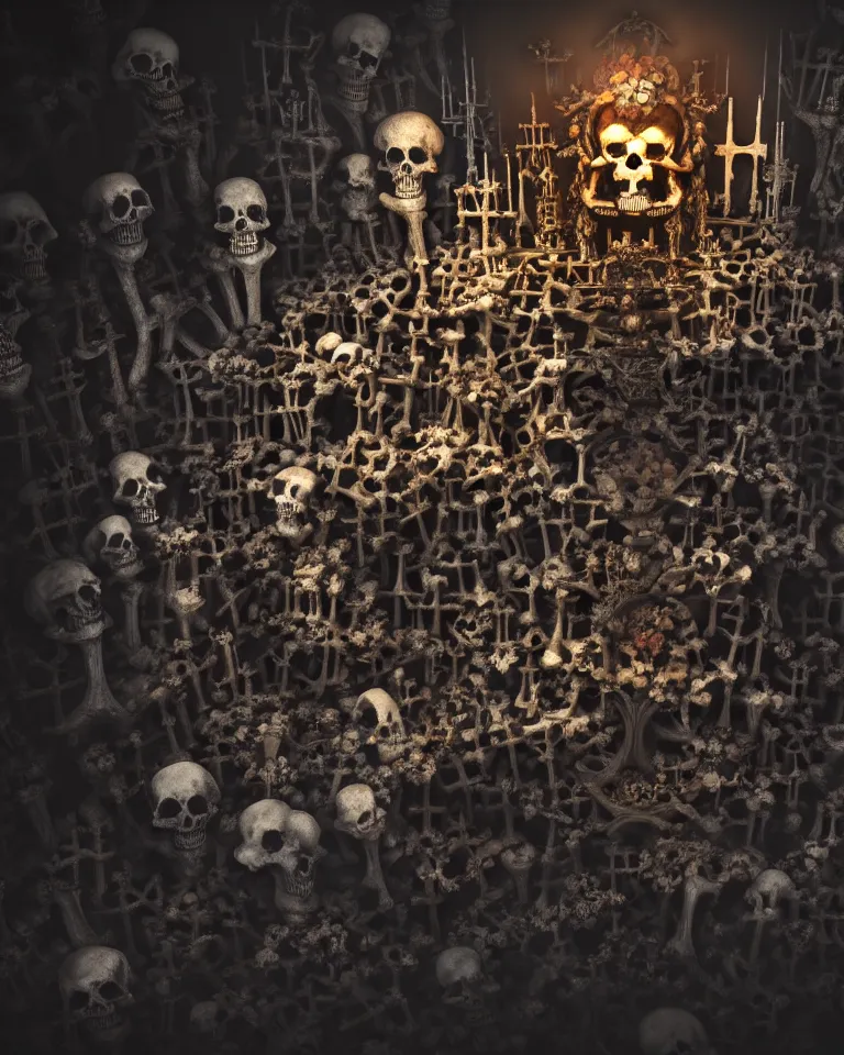 Image similar to full color, low wide shot of sedlec ossuary, bones, anime style mixed with fujifilm, dark, foggy, atmospheric, artstation, cgsociety, octane render, cgi, unreal engine 5, denoise, detailed, cinematic masterpiece