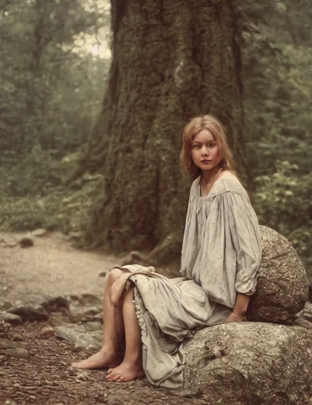 Image similar to peasant girl sadly sitting on a stone in a forest, Cottage core, Cinematic focus, Polaroid photo, vintage, neutral colors, soft lights, foggy, by Steve Hanks, by Andrei Tarkovsky, by Terrence Malick, 8k render, detailed, oil on canvas