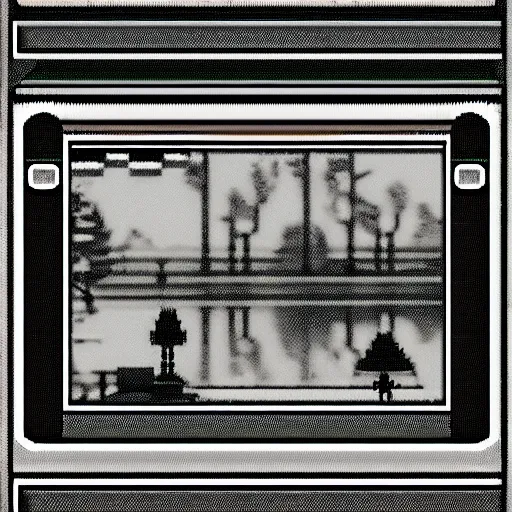 Image similar to screenshot from the gameboy camera dmg gbc photo of a peaceful day at the park. low res 8 - bit chunky monochrome black and green photography. lowres!!