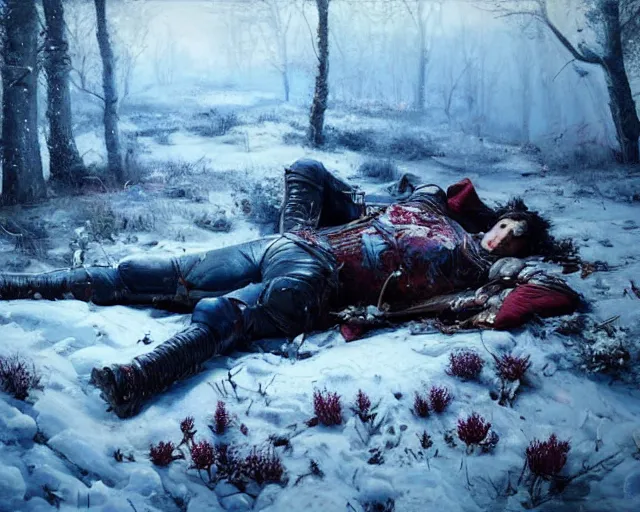 Image similar to Highly realistic oil painting of a wounded knight lying in the snow, surrounded by blue flowers, blood on flowers, by greg rutkowski, highly detailed, cinematic lighting, moody, dark