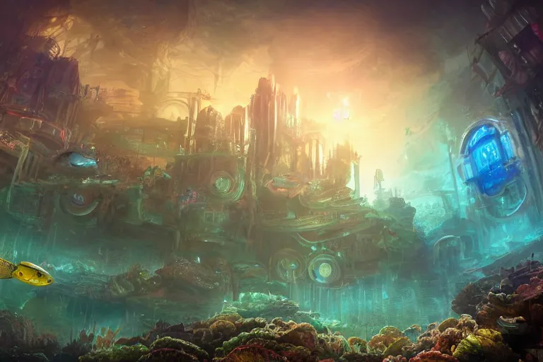 Prompt: an epic landscape view of an underwater metropolis, with a tiny submersible with a shining headlight exploring, with glowing windows, glass, seaweed, colorful fish, painted by tyler edlin, wide angle, atmospheric, volumetric lighting, cinematic, very realistic, highly detailed digital art
