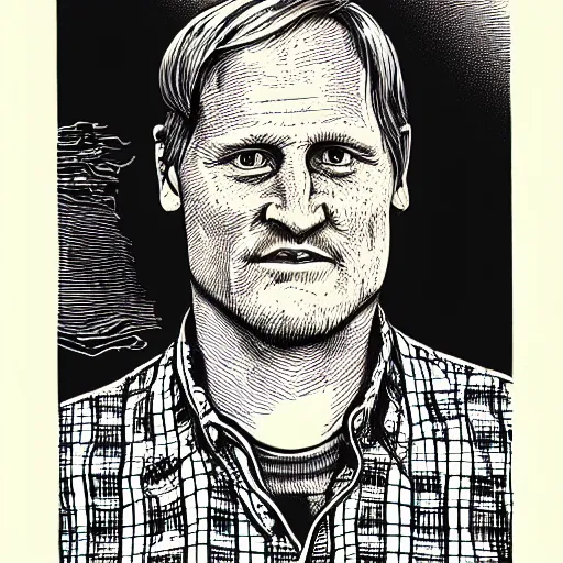 Image similar to a portrait illustration of Woody Harrelson drawn by ROBERT CRUMB