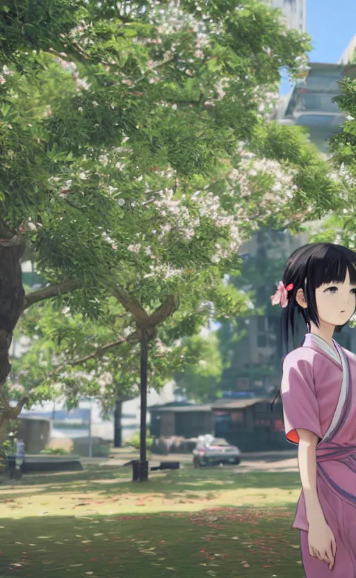 Image similar to anime style, gta 5, panoramic view of girl, centered, yukata clothing, sakura tree in background, short hair, hair down, symmetrical facial features, from arknights, hyper realistic, extreme detail, volumetric lights, 4 k drawing, safebooru, realistic lighting, by alphonse mucha, greg rutkowski, sharp focus, backlit